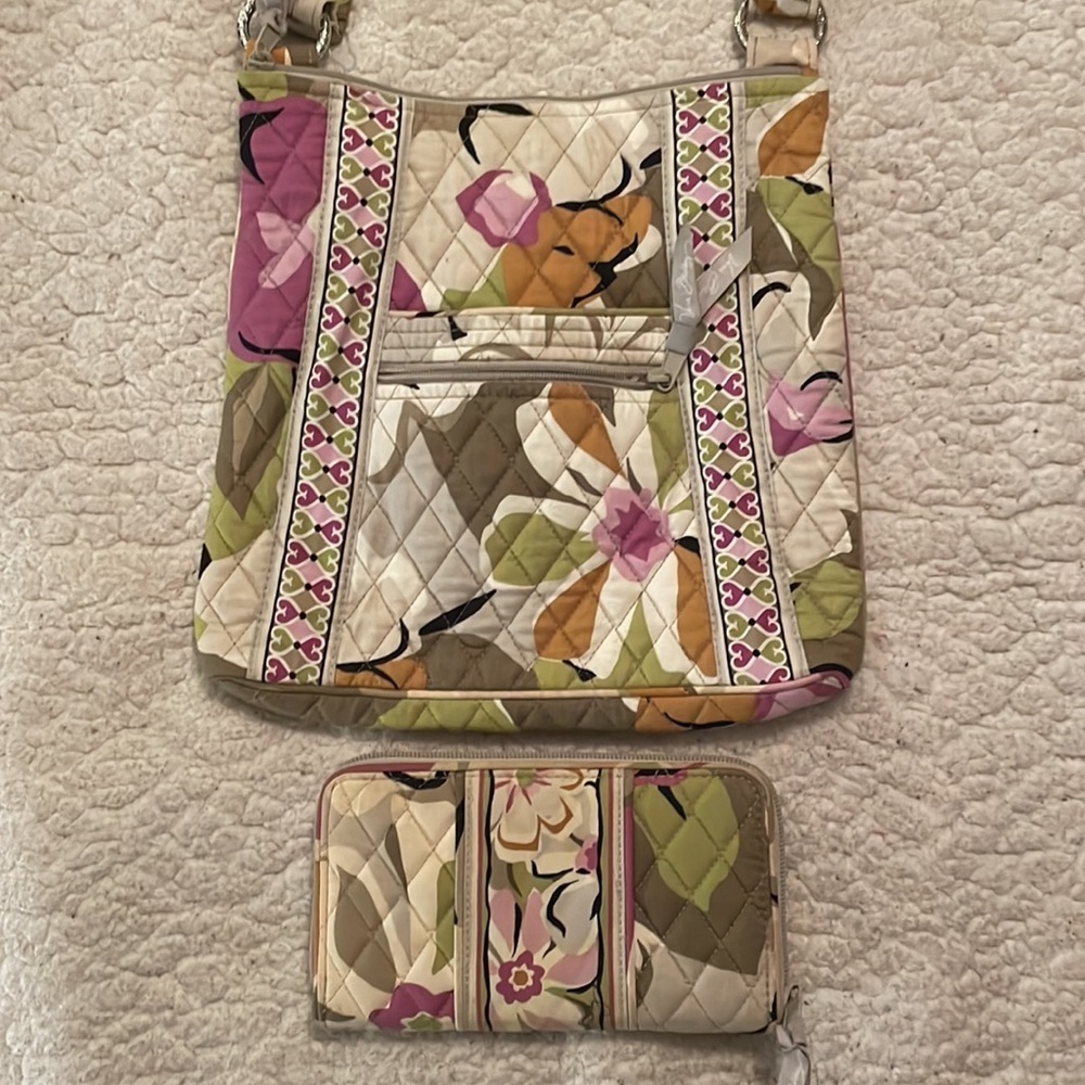 Vera Bradley Quilted Crossbody and Wallet in Cream, Pink, Green, Brown, Orange